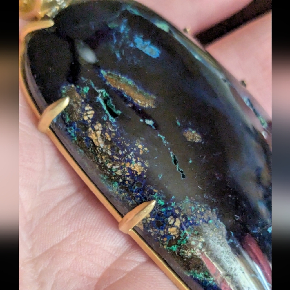 Amazing 10k Yellow Gold Diamond Bail Azurite Blue Gemstone Huge Pendant OOAK - Picture 13 of 16